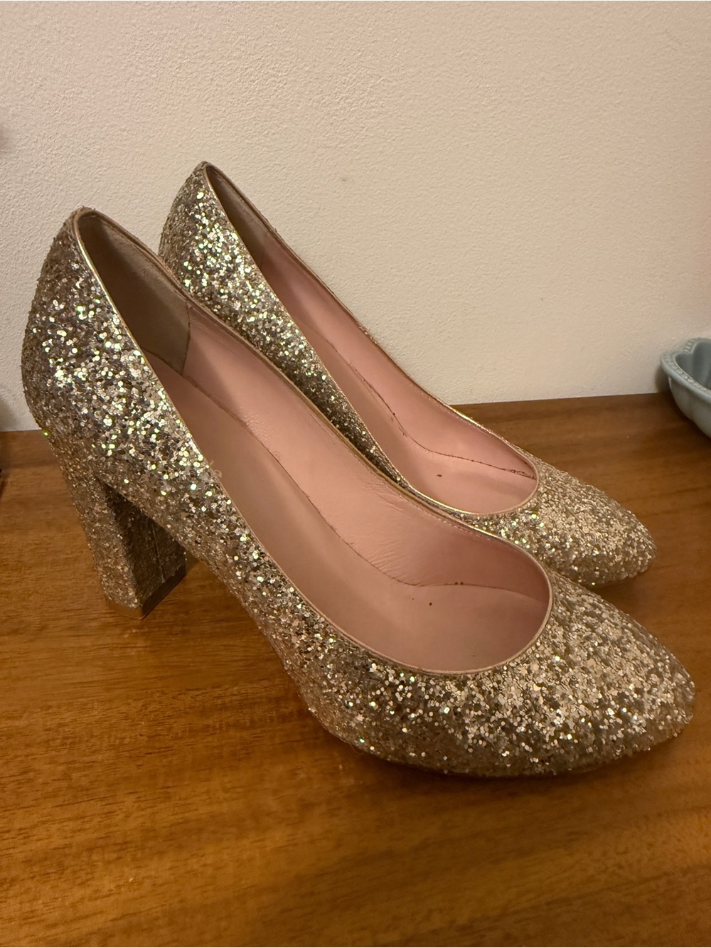 Kate Spade Glitter Block Heel Pumps - Gold